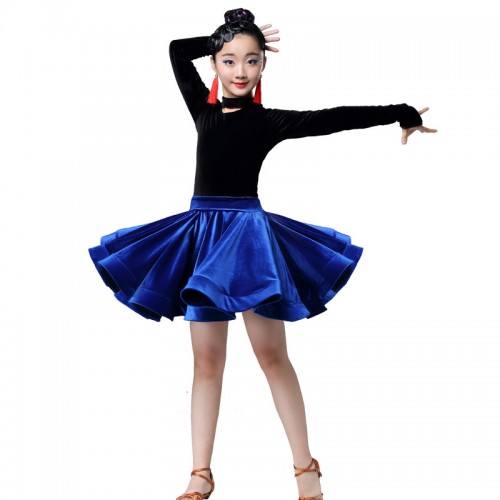Girls velvet royal blue competition latin dance dresses salsa chacha dance dress